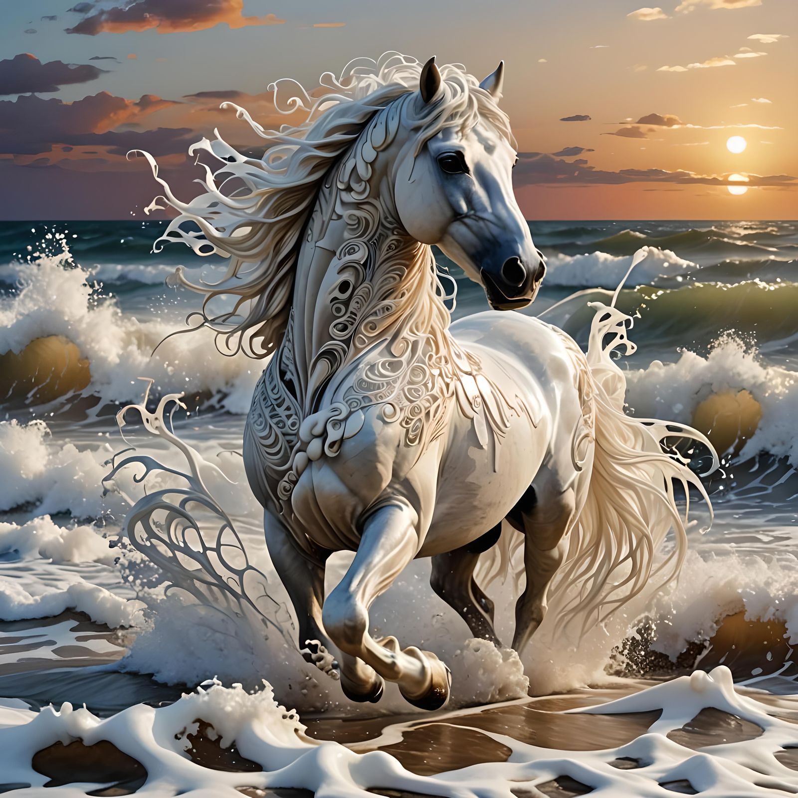 White Horse Emerges from Waves in Surreal Style
