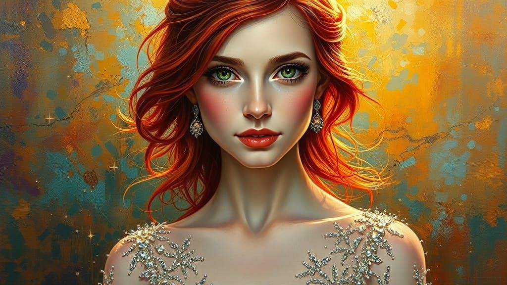 Beautiful Red-Haired Woman in Sparkling Dress, Golden Hour