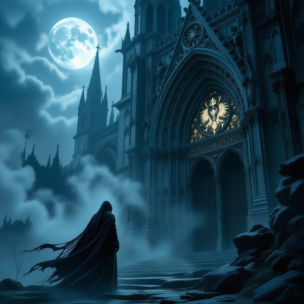 Ethereal Figure at Gothic Cathedral Precipice in Cinematic S...