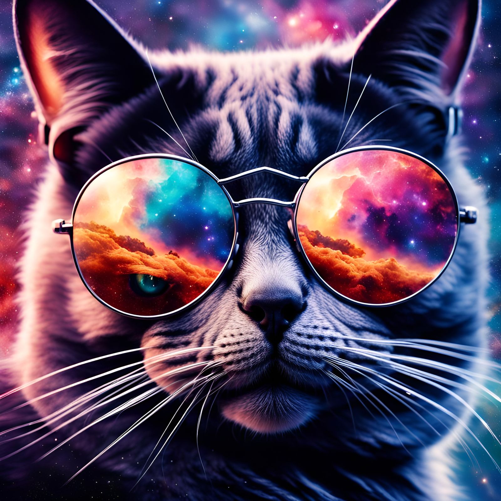 Cat in Sunglasses with Galaxy Reflection