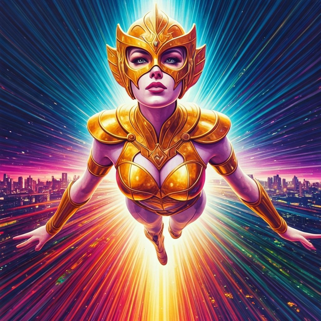 Elegant Warrior Woman in Neon City Watercolor Painting