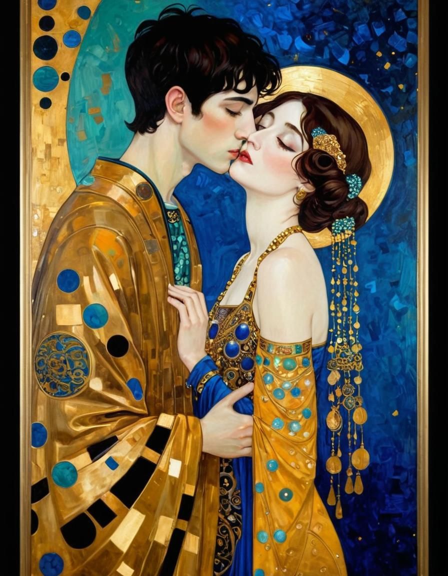 Golden Figurative Art in Art Nouveau Style with Gold Leaf