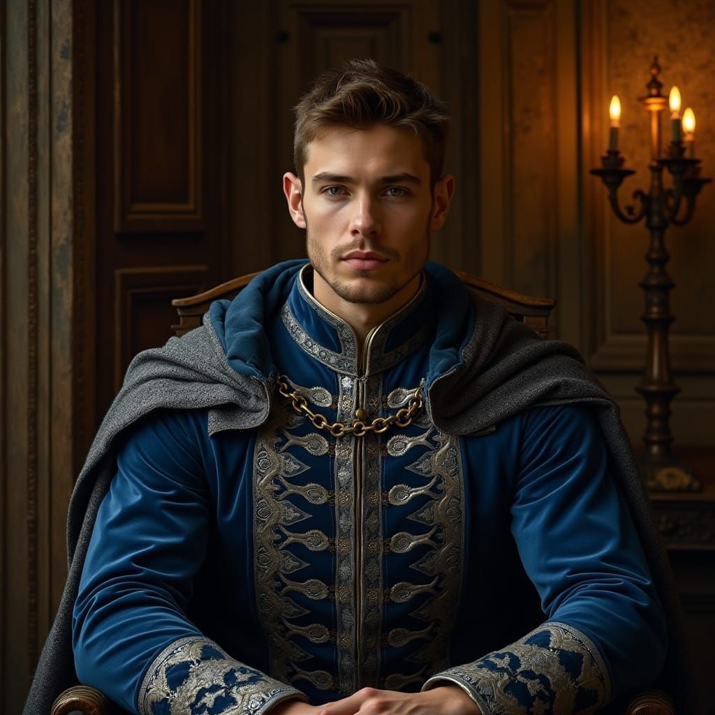 Medieval Fantasy Nobleman in Blue Velvet, Masterwork Portrai...