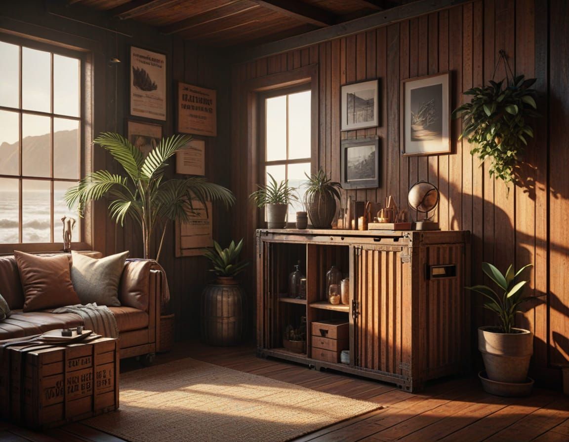 Coastal Shipping Crate Home Interior in Warm, Earthy Tones