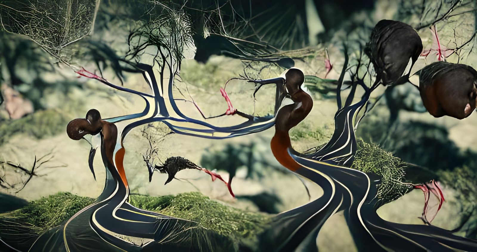 Winding Road with Ancestral Interconnections in Linocut Styl...