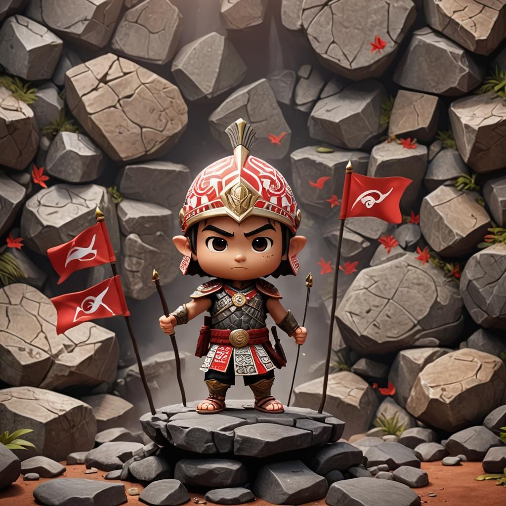 Chibi Majapahit Warrior with Flags: Pixar-Style 3D Art
