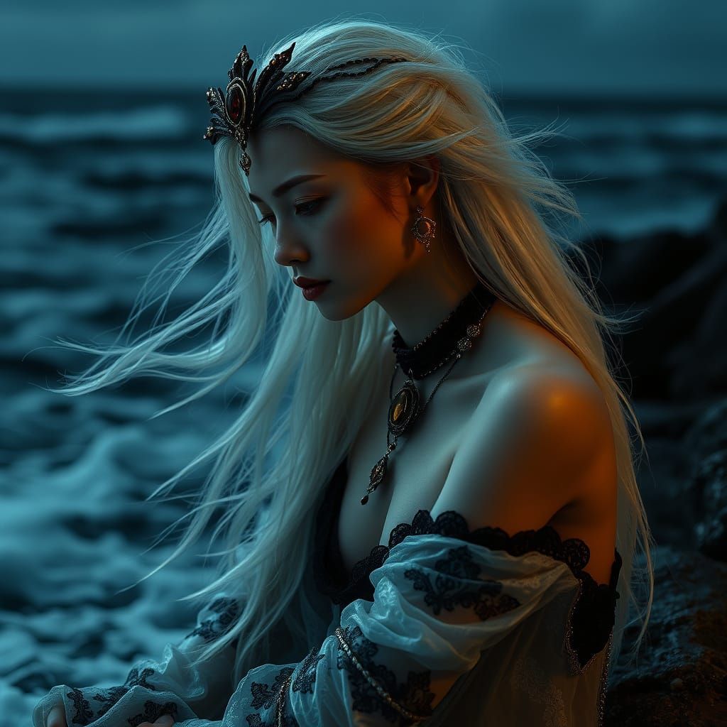 Mysterious Chinese Witch Sitting on Rock in Storm