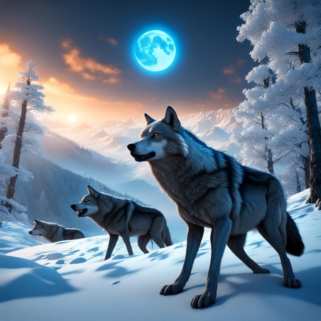 Wolves with Glowing Eyes in Snowy Mountains