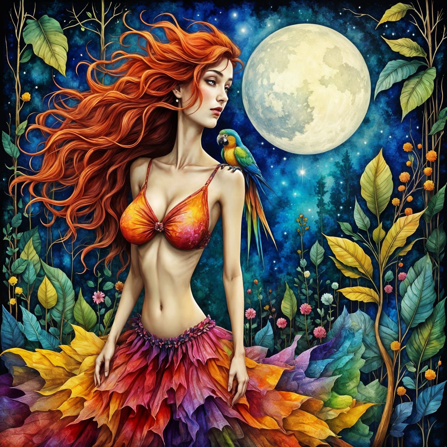 Whimsical Woman and Parrot in Colorful Tropical Forest