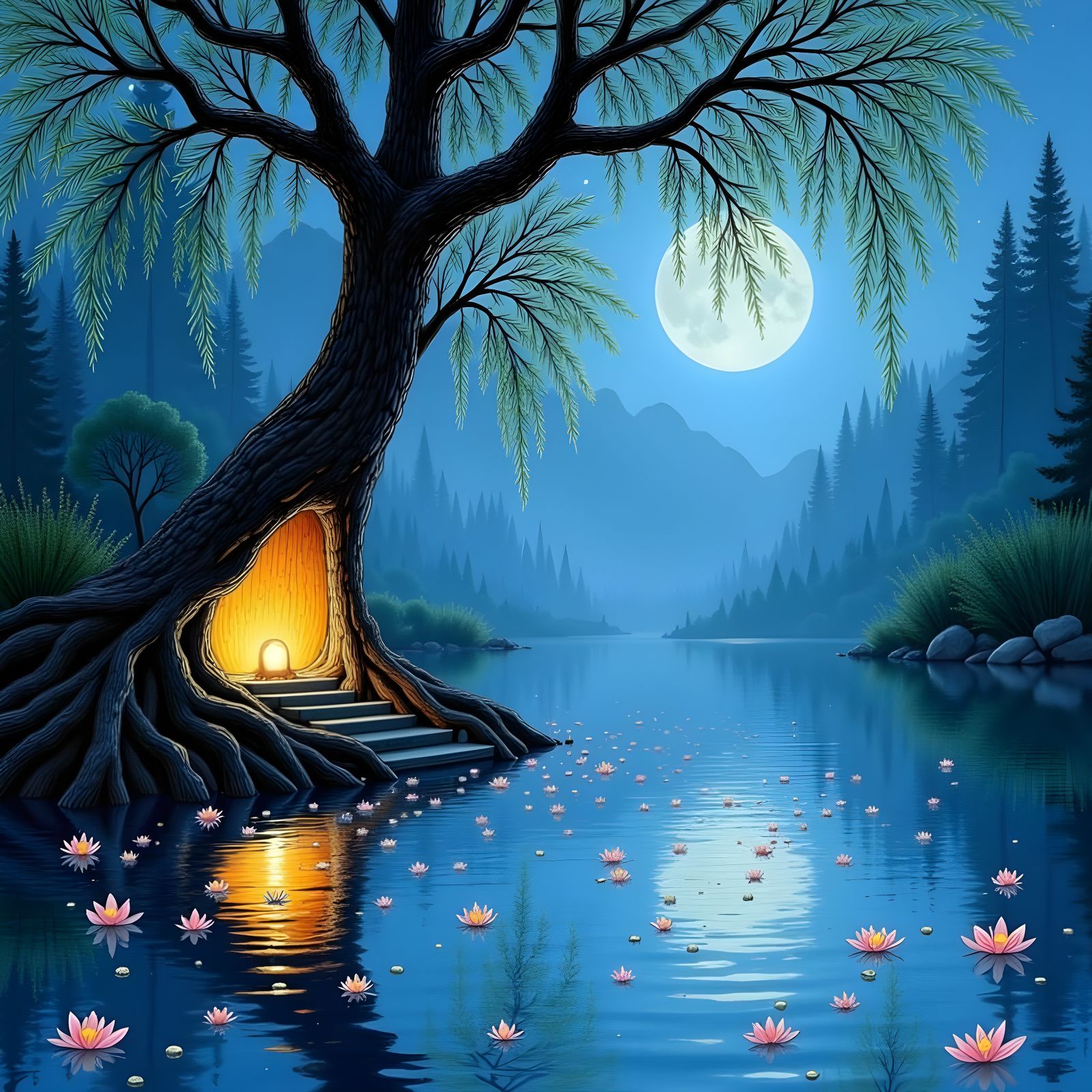 Moonlit Hollow Tree Reflecting Golden Glow on Pond