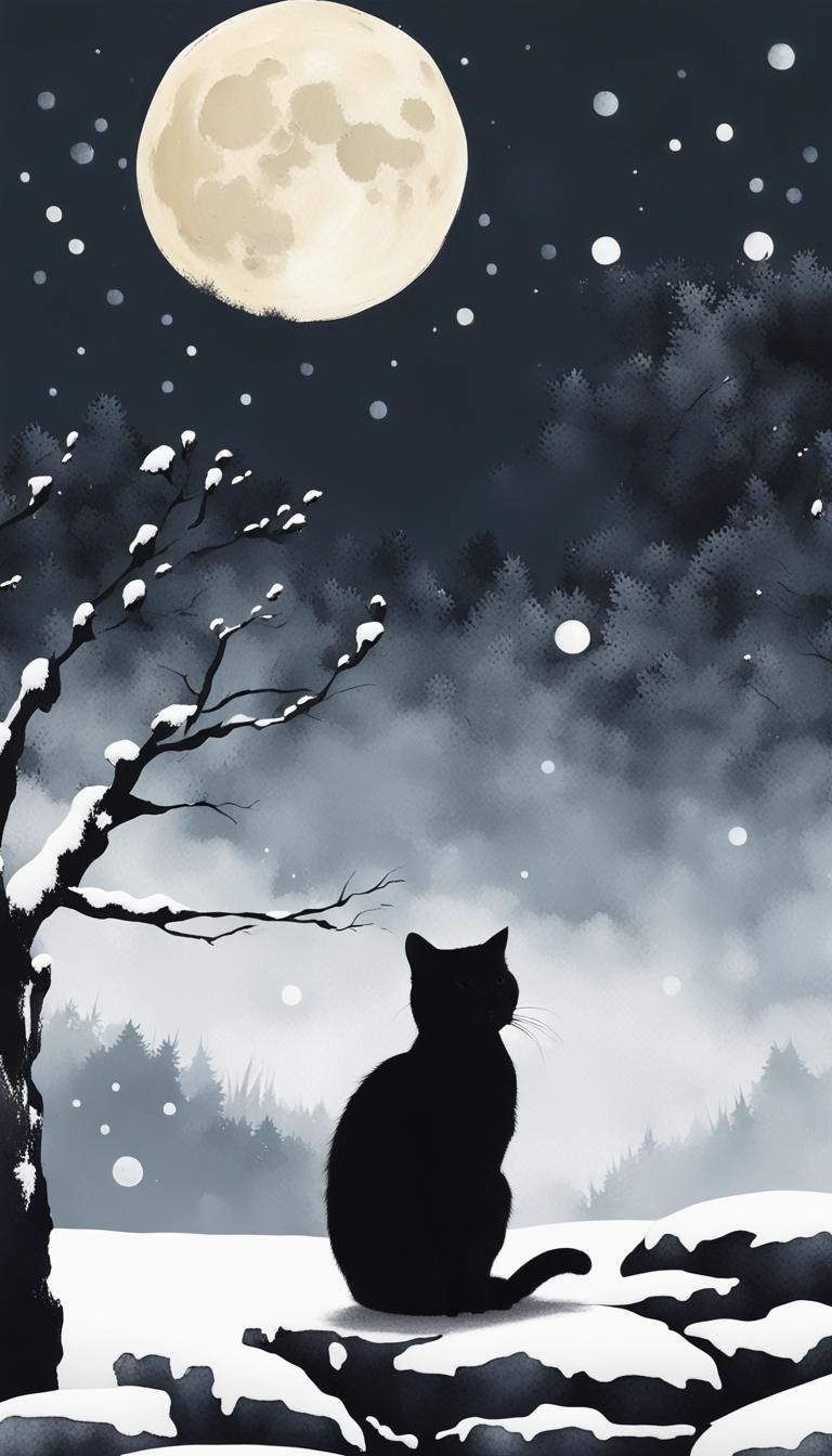 Minimalist Japanese Ink Painting of Cat in Snow