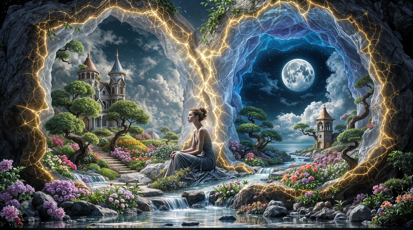 Surreal Geode Fantasy: Whimsical Garden & Ethereal Clouds