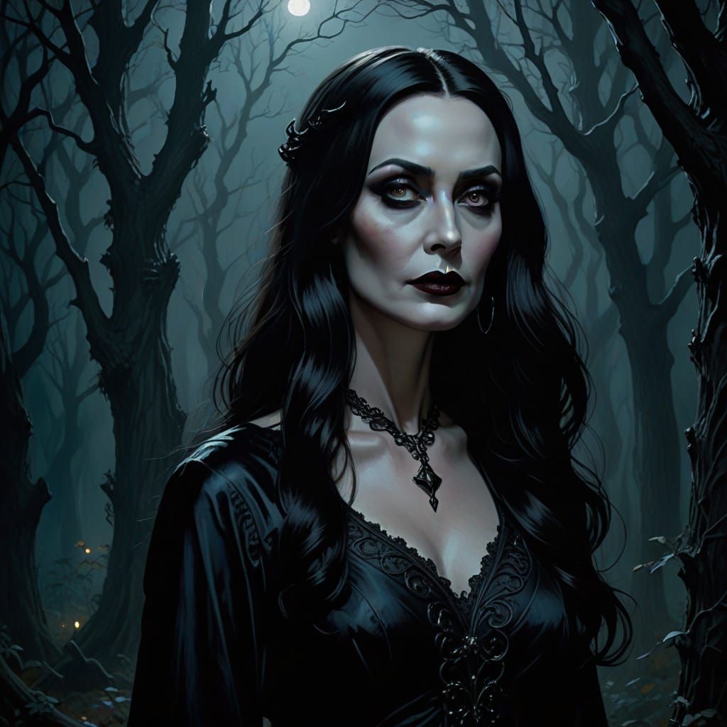 Morticia-Inspired Mercredi Addams in Eerie Forest Landscape