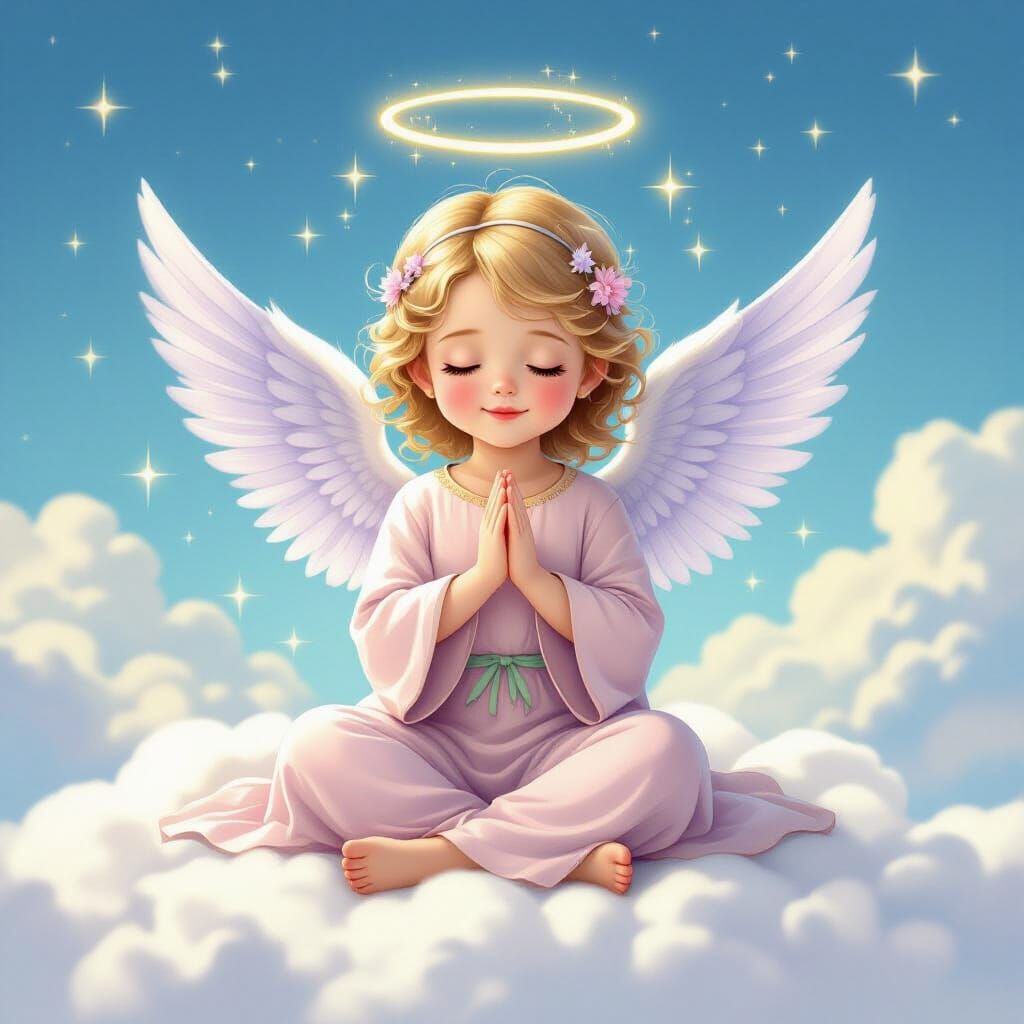 Golden-Haired Cherub Praying on a Cloud