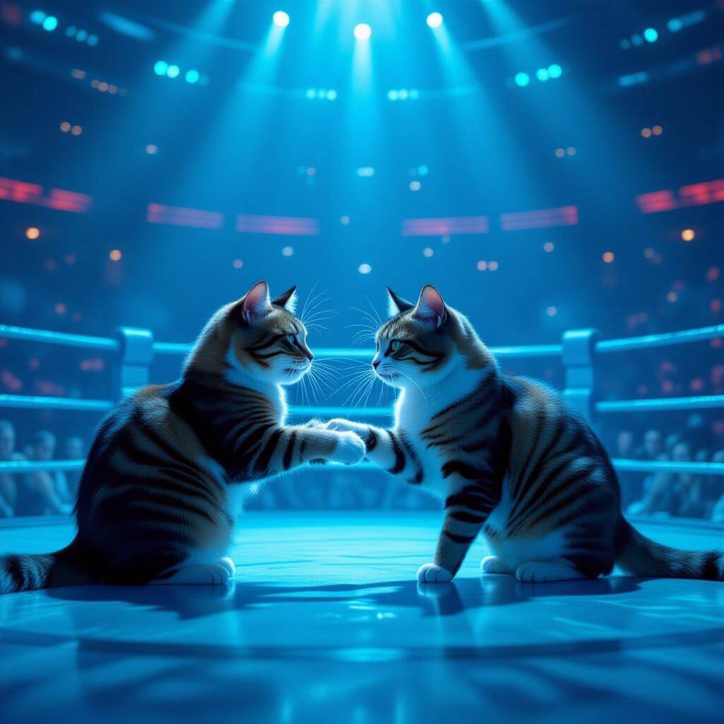 Fierce Cat Fight in Blue Arena, Futuristic Concept Art