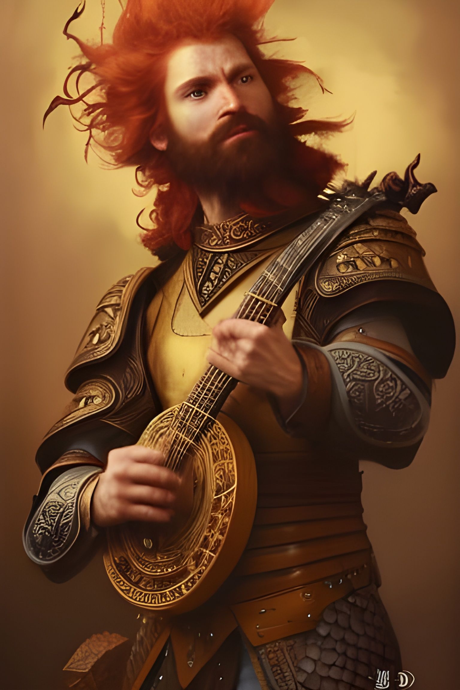 Handsome Ginger Bard with Lute in Leather Armor