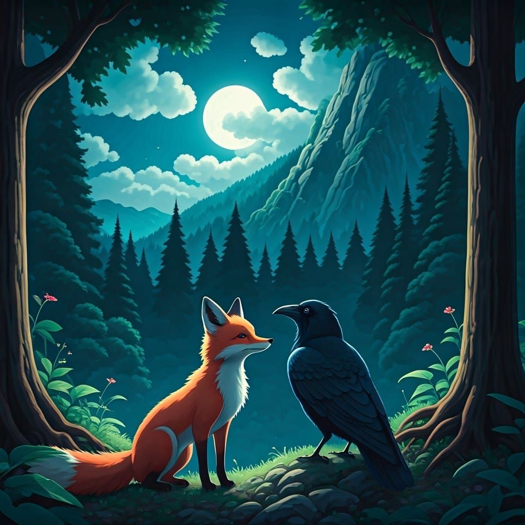 Whimsical Forest Moonlit Scene in Anime Style