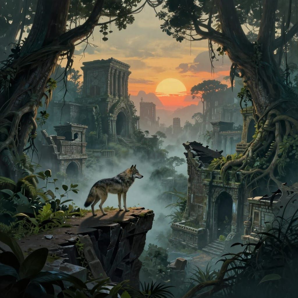 Lone Wolf on Precipice Overlooking Jungle City