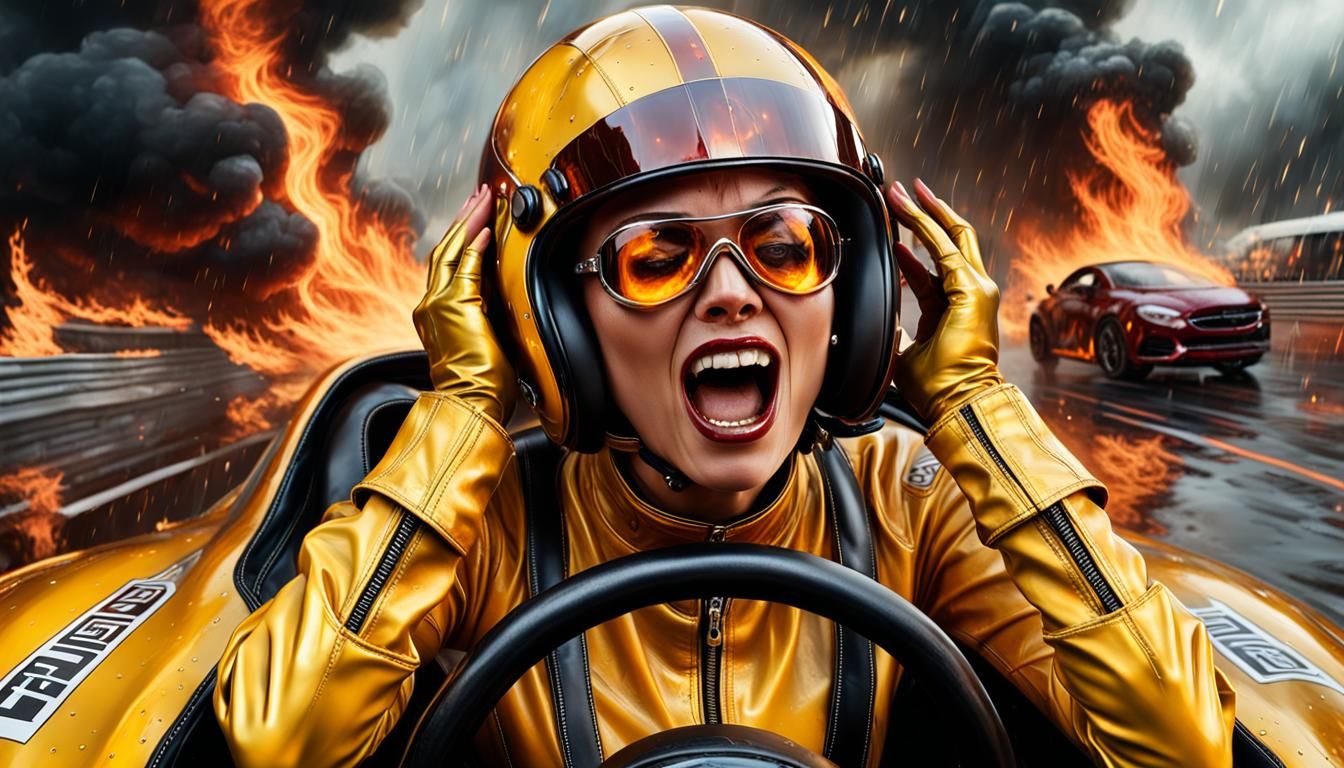 Burning Fear: Girl in Burning Car, Hyperrealistic Art