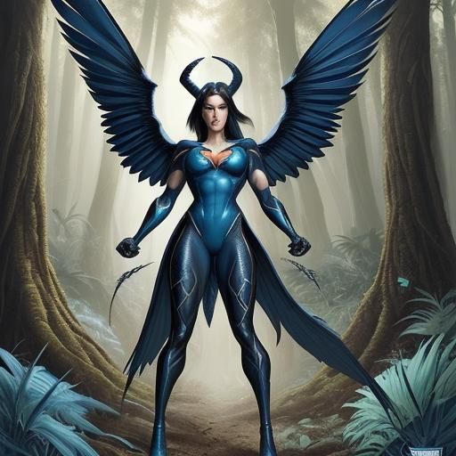 Female Superhero with Wings and Scales, Comic Book Art