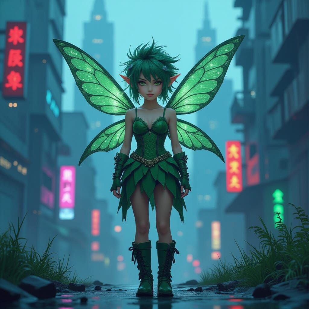 Cyberpunk Nature Fairy in Dystopian Cityscape