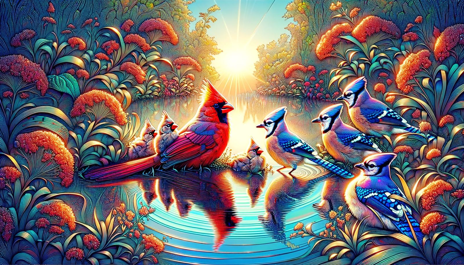 Cardinals and Blue Jays Relaxing on Summer Day