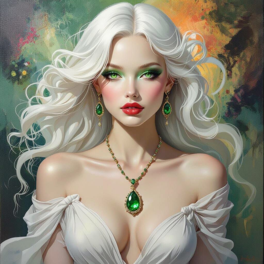 Albino Goddess with Emerald Pendant in Surreal Style