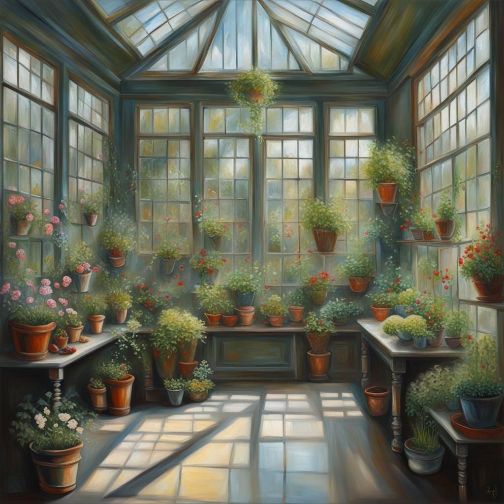 Enchanted Gardening in Glass Room: Realistic Oil Painting