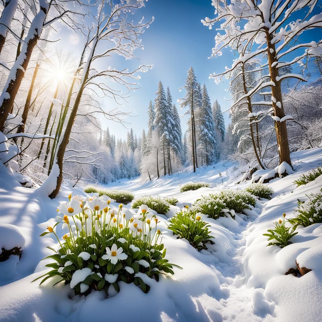 Vibrant Flowers Bloom in Snowy Forest