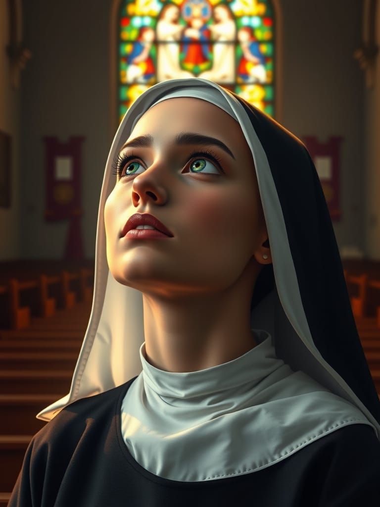 Ethereal Nun with Emerald Eyes in Golden Light