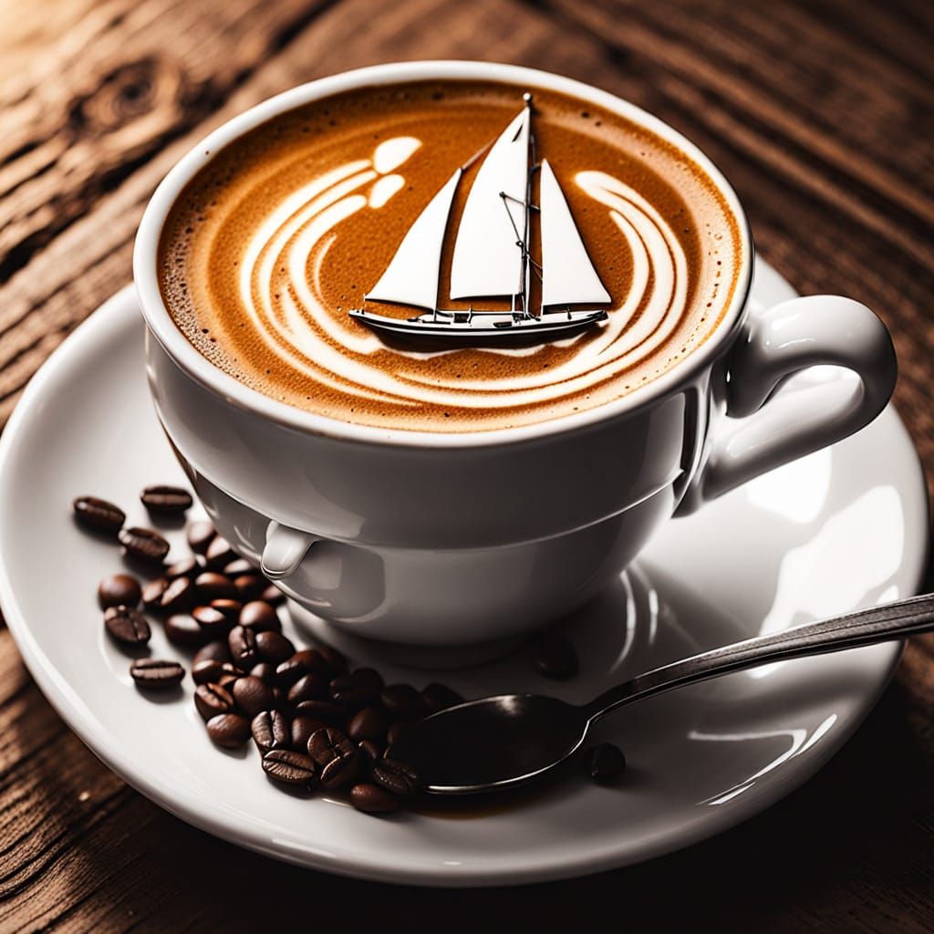 Latte art of sailing boat on a coffee cup...