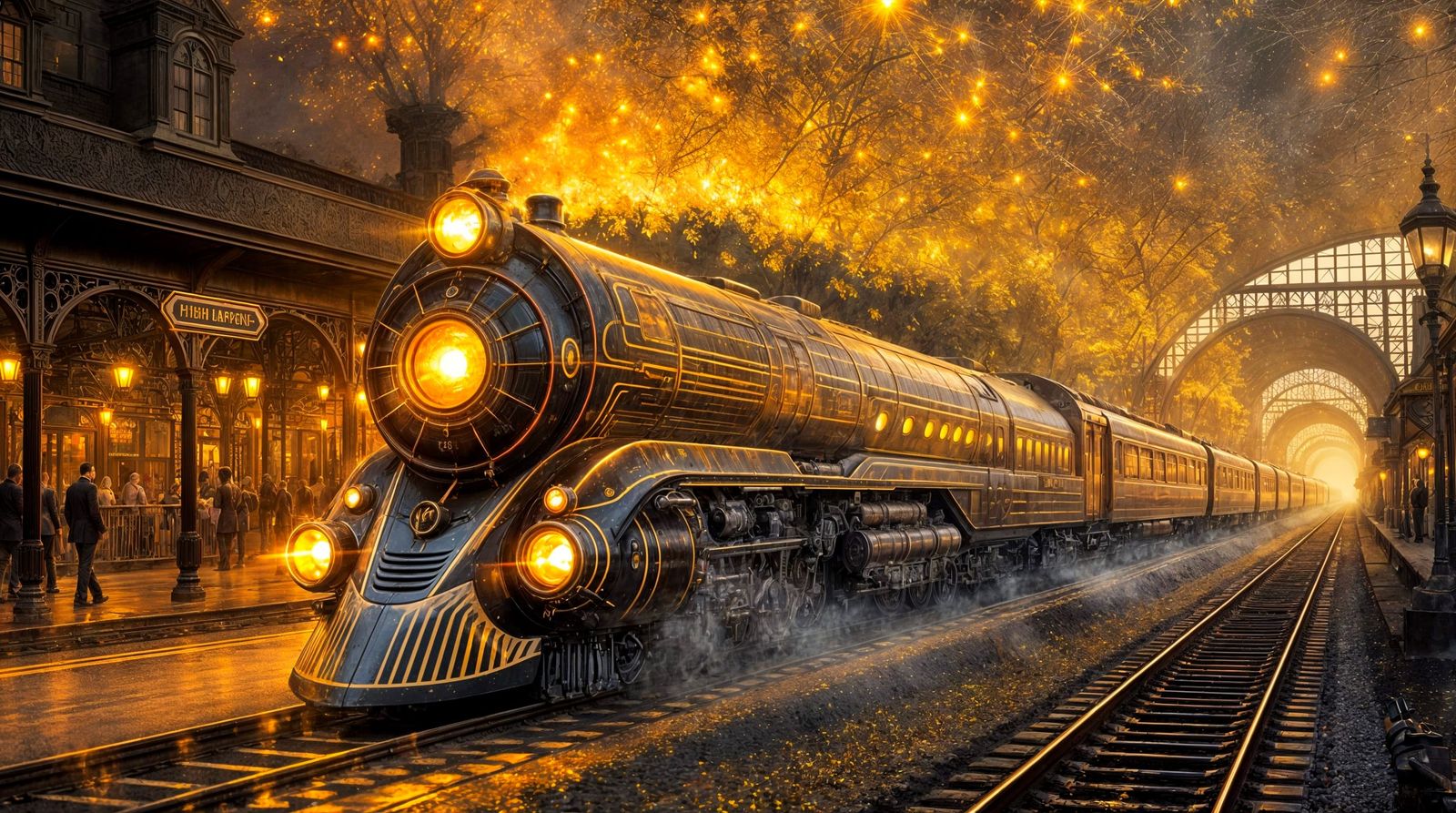Golden Streamliner Locomotive Leaving Station in Retro-Futur...
