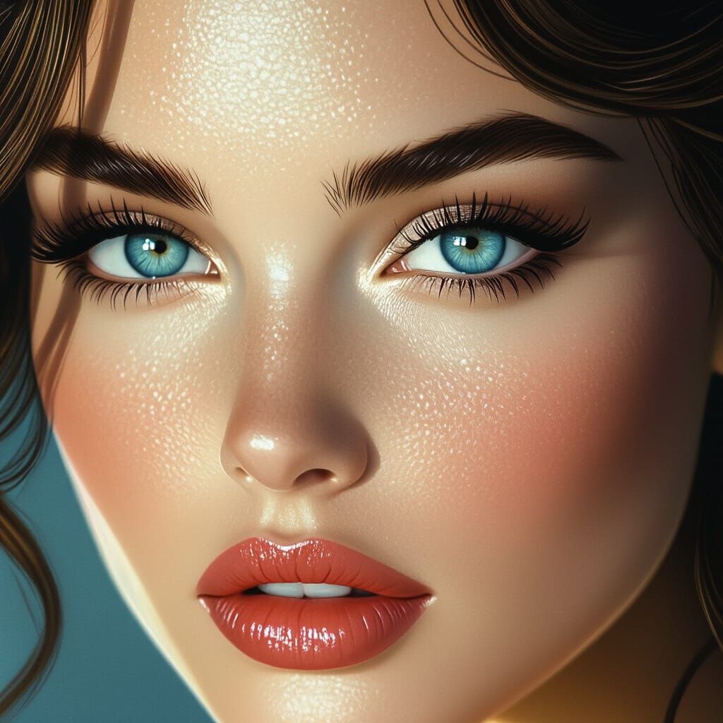 Hyperrealistic Portrait of Woman With Blue Eyes and Full Lip...