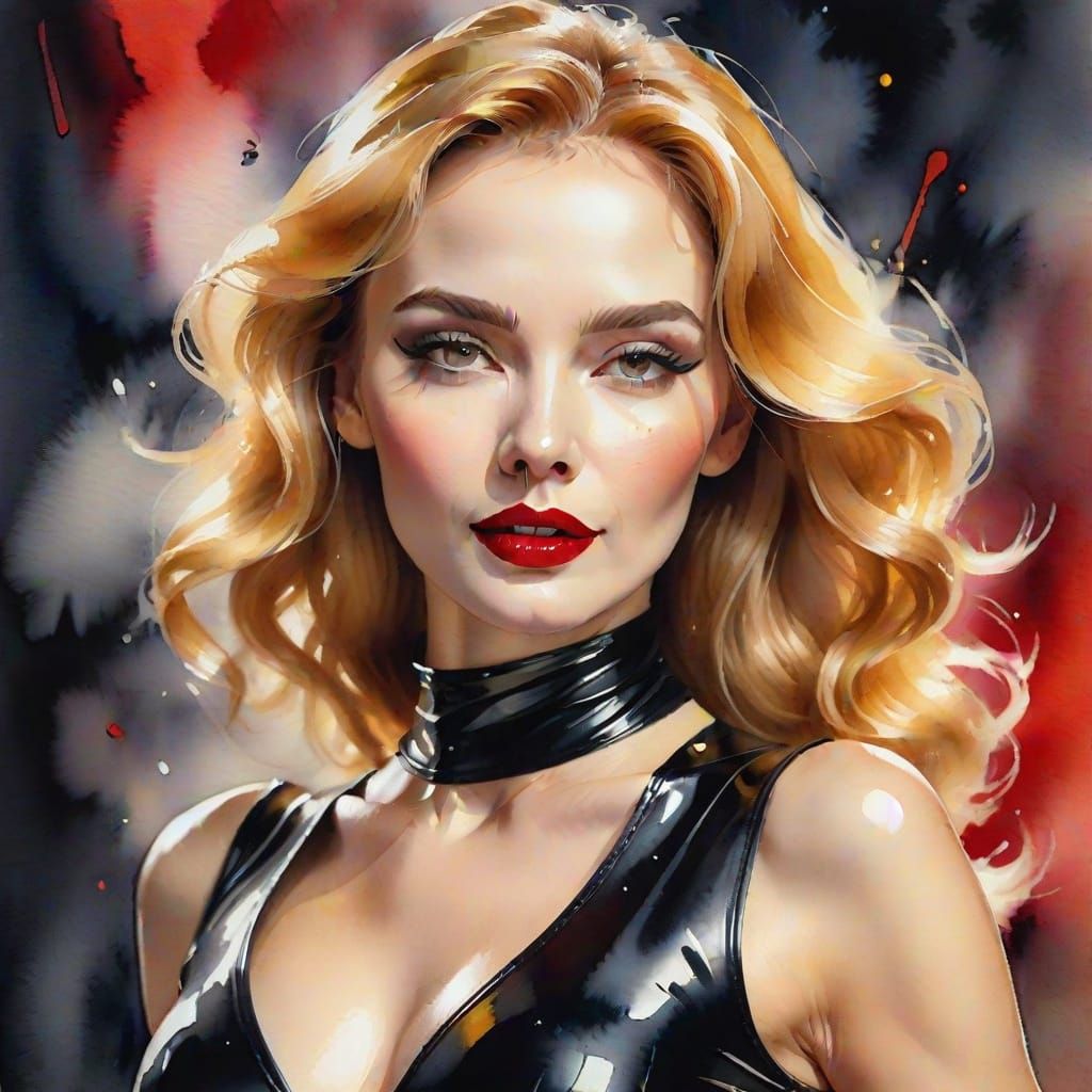 Elegant Woman in Black Latex, Watercolor Art