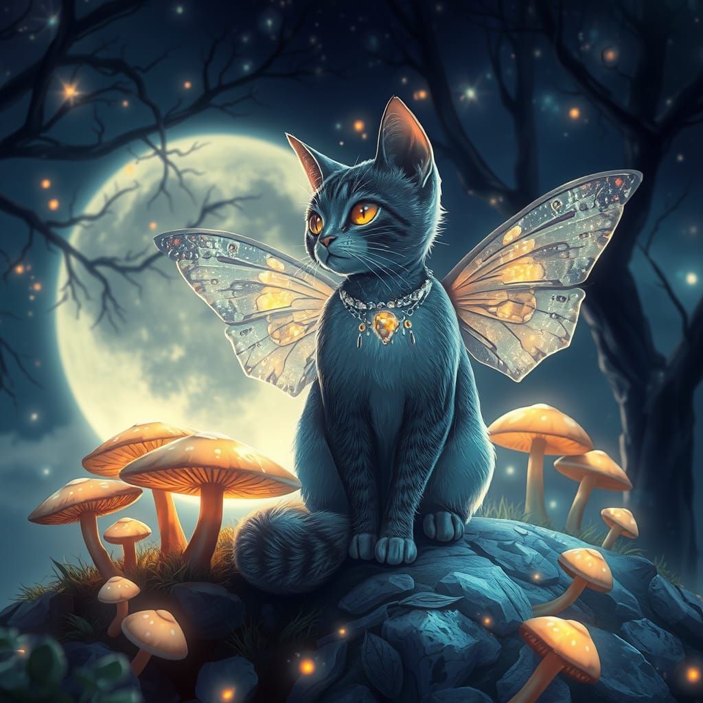 Mystical Moonlit Feline in Sparkling Splendor