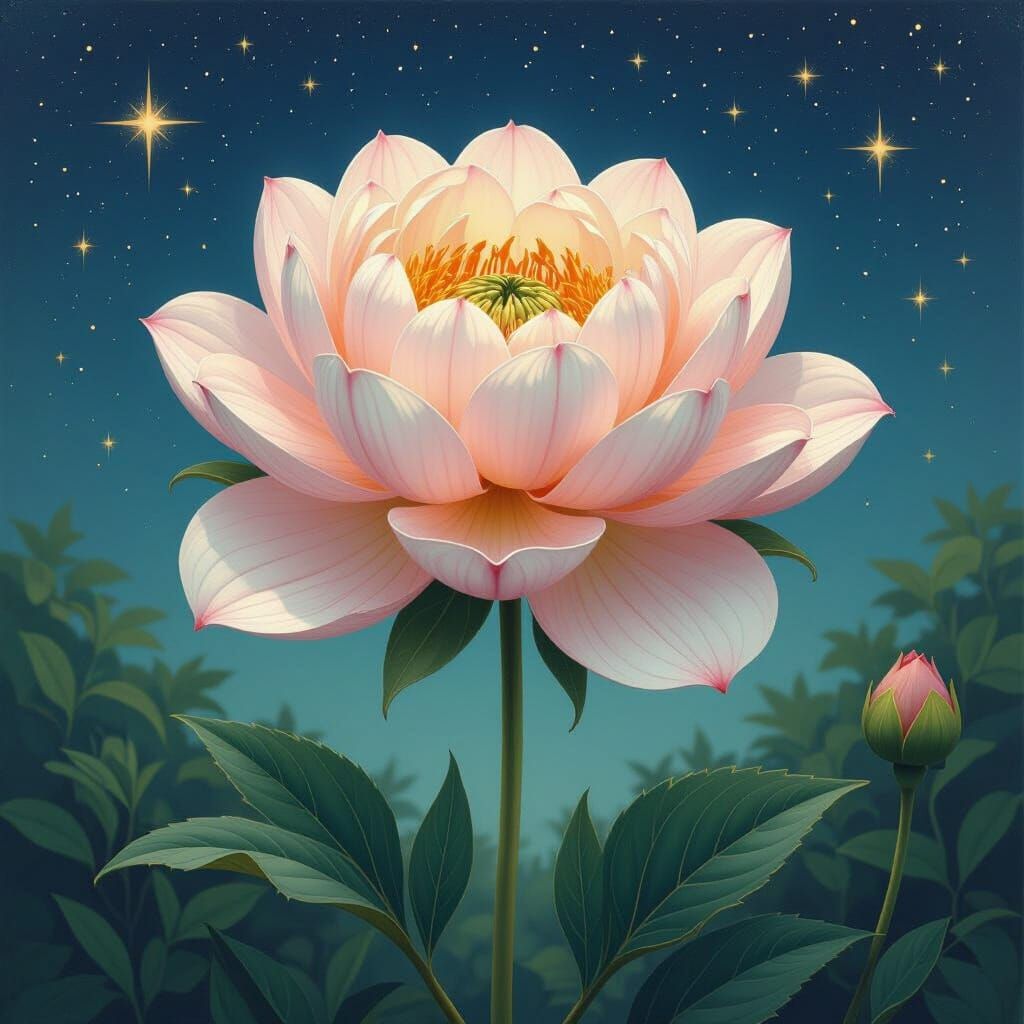 Vibrant Flower Under Starry Sky in Dreamy Style