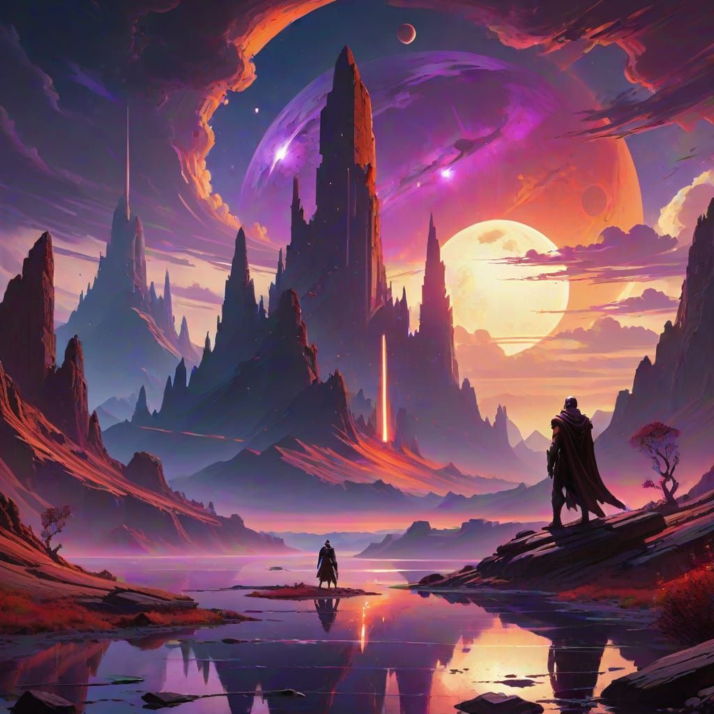 Epic Fantasy Landscape with Ancient Obsidian Mountain and Lu...