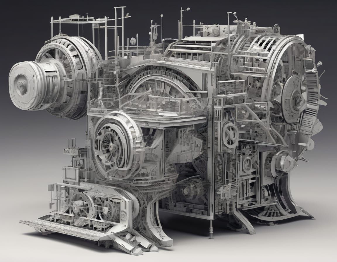 Timeless Engineer Operates Layered Machinery in Exploded Ass...