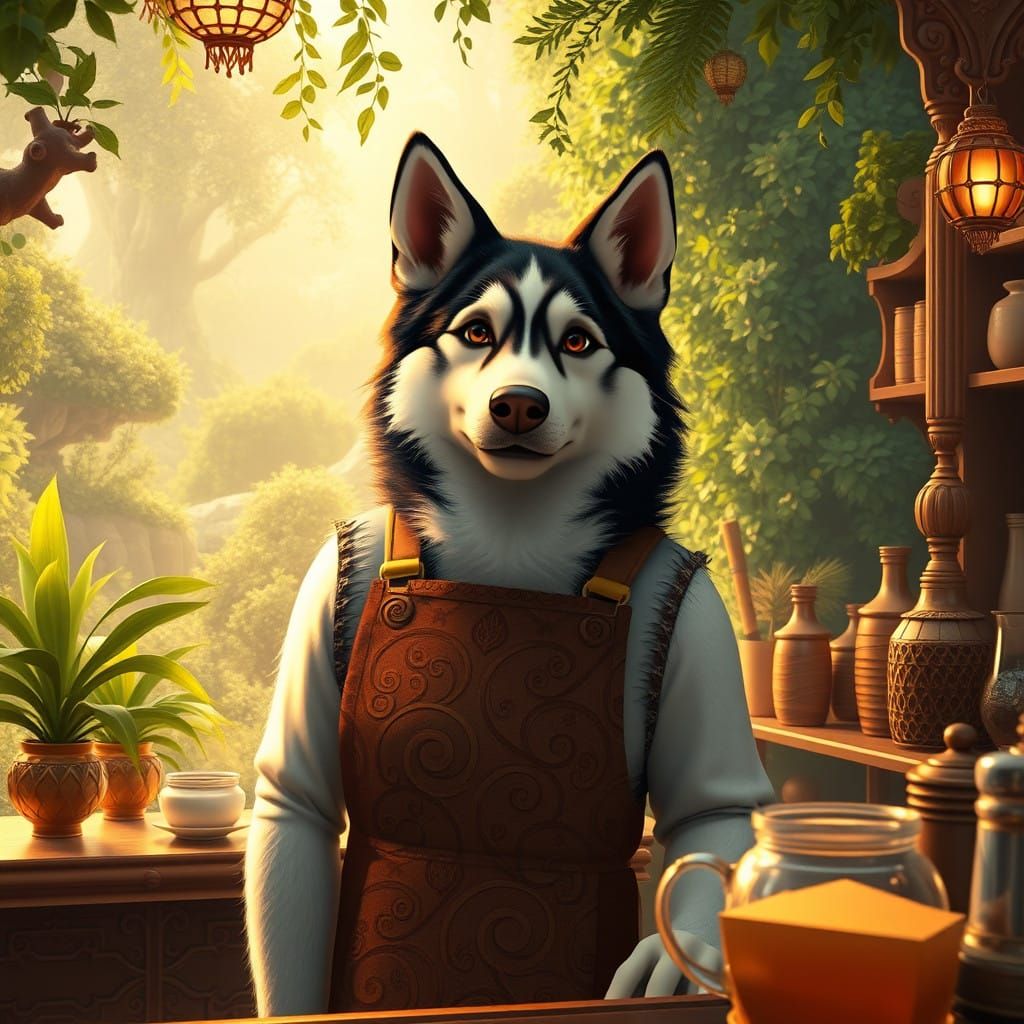 Mystical Barista in Dreamlike Coffee Oasis