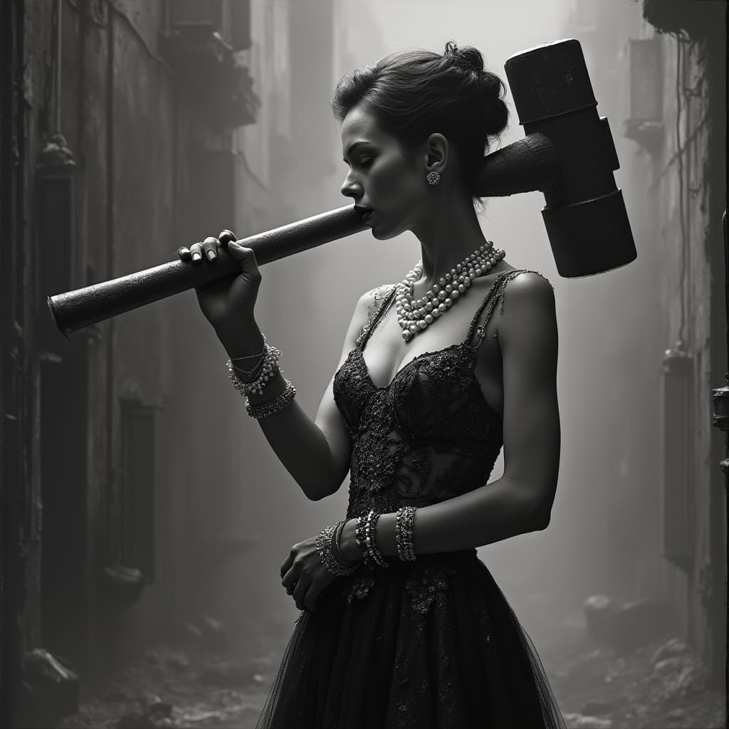 Elegant Woman Wields Demolition Hammer in Black and White