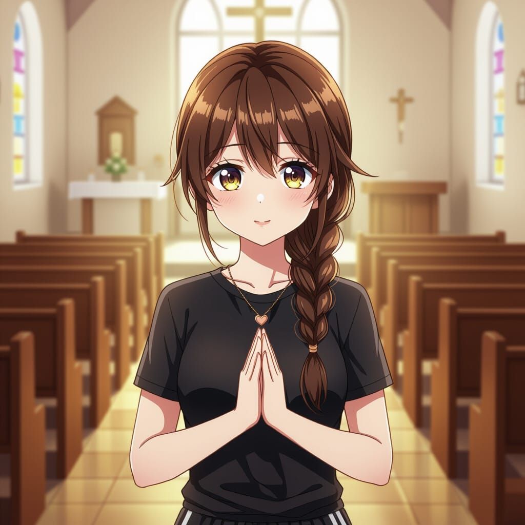 Anime Girl Praying Peacefully in Church