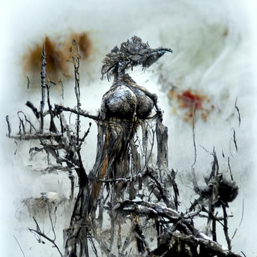 Gaunt Woman Warrior in Burned Forest: Ink Sketch
