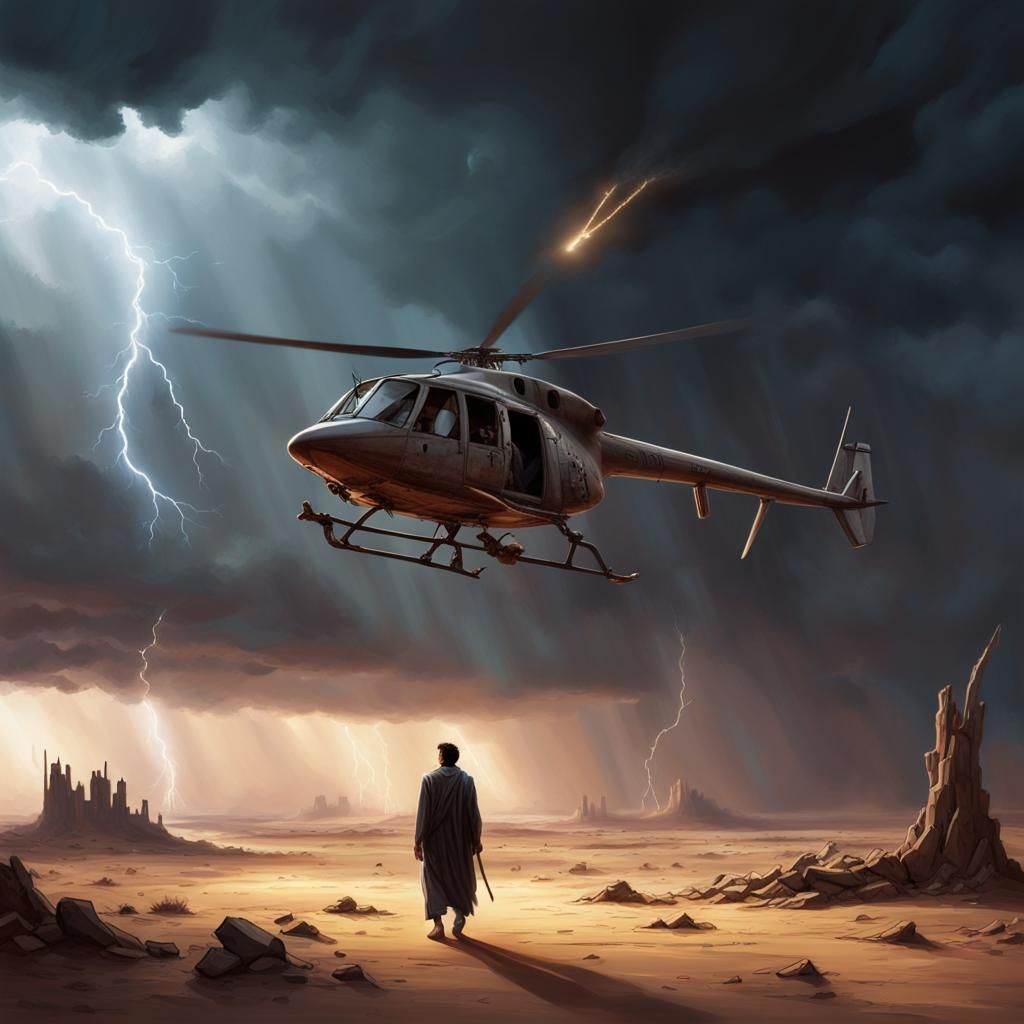 Desert Traveler Amidst War Ruins and Demon Clouds