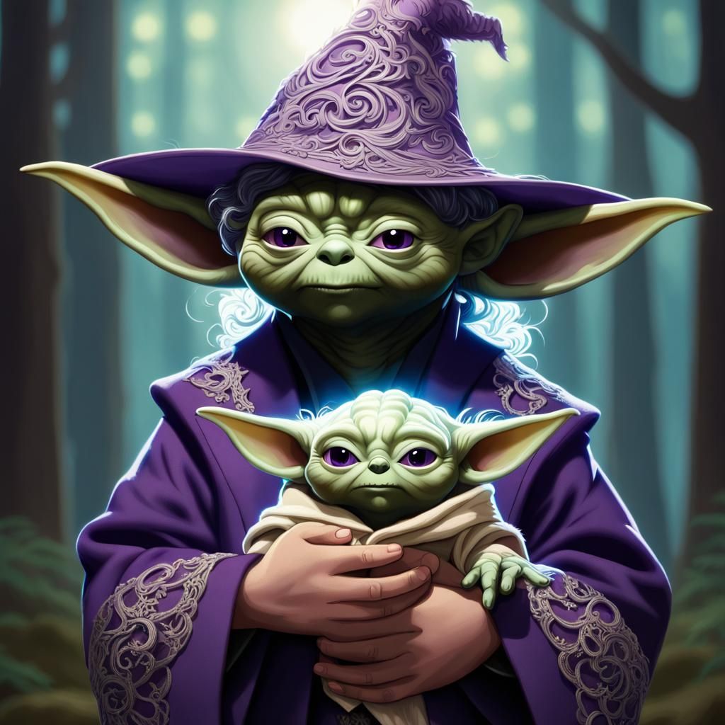 Sunlit Forest Wizard Holding Cat-Owl, Art Nouveau