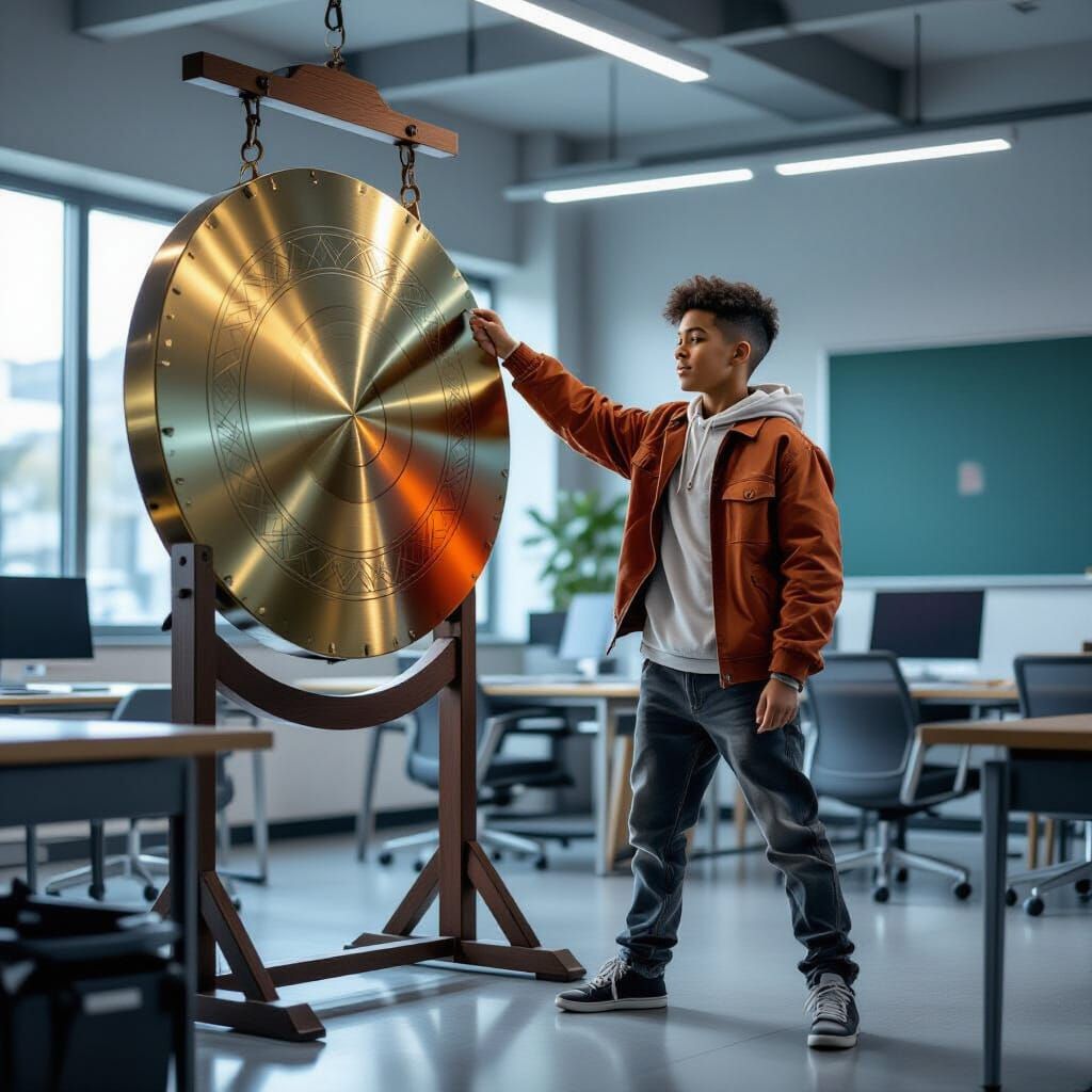 Student Celebrates Success Ringing Gong, Futuristic Style
