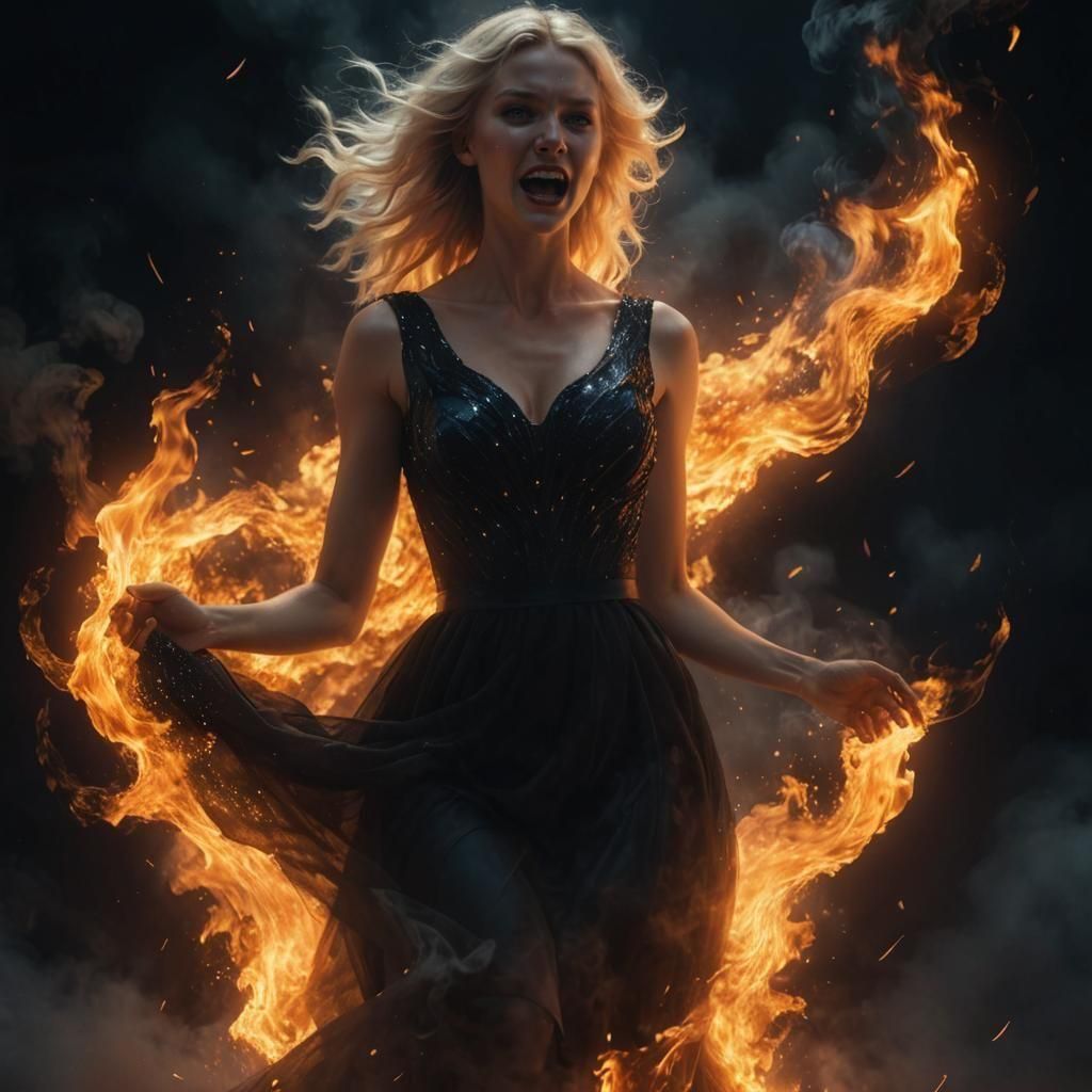 Fiery Blonde in a Glittering Dress, Digital Art