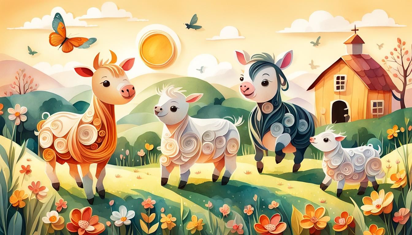 Whimsical Farm Animals in Digital Watercolor