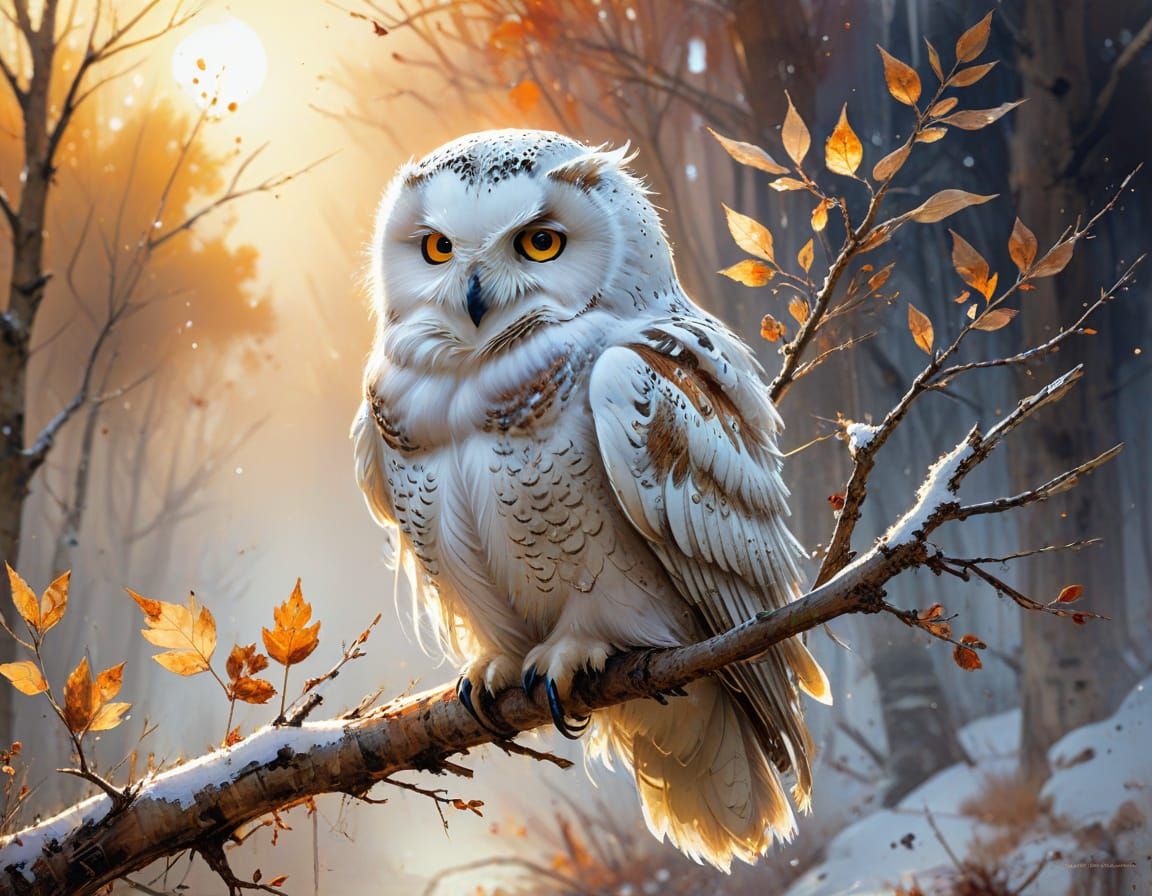 Snow Owl on Branch in Watercolor Style