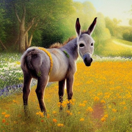 Baby Donkey in Flower Field as Oil Painting