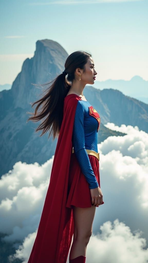 Supergirl Soaring Above Clouds in Hyperreal Photo